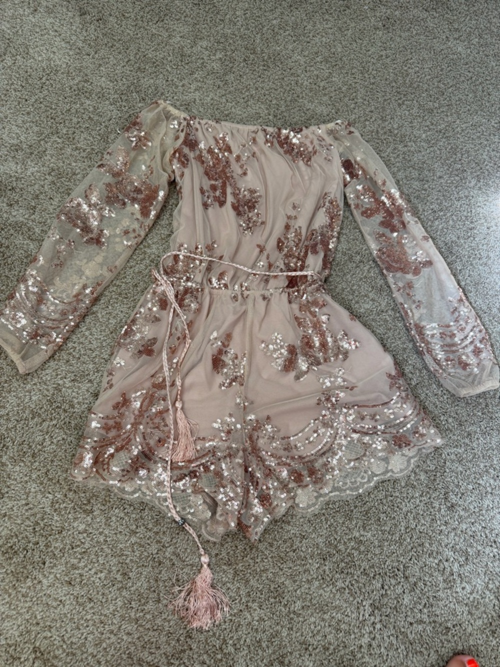 Blush Pink Off-Shoulder Sequin Embroidered Romper